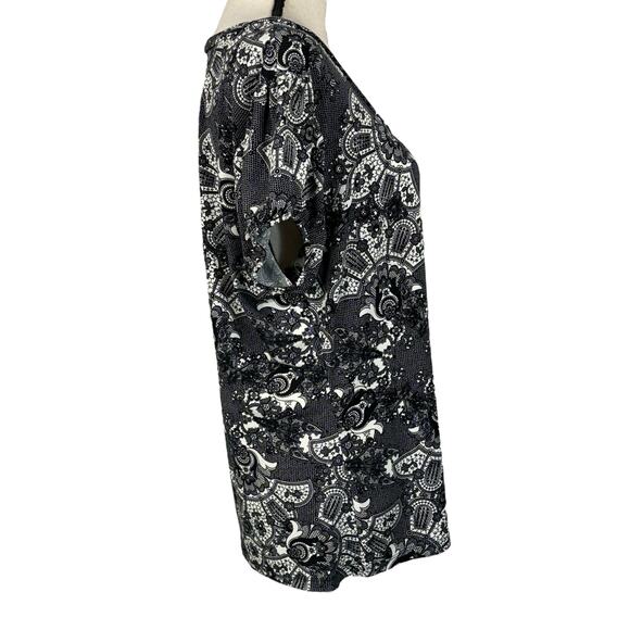 Worthington X-Large Top Geometric Scoop Neck Puff Cap Sleeves Stretch Pleated - Picture 4 of 8